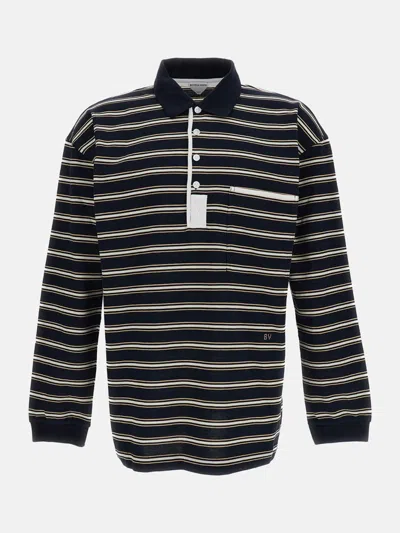 Bottega Veneta Long-sleeve Striped Piqué Polo Shirt With Chest Pocket In Blu