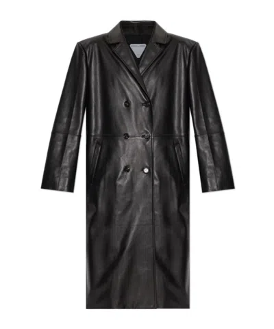 Bottega Veneta Long-sleeved Leather Coat In Black