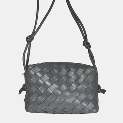 Pre-owned Bottega Veneta Loop Mini Intrecciato Leather Crossbody Bag In Gray