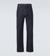 Bottega Veneta Mens Brand-patch Contrast-stitching Wide-leg Regular-fit Wool Trousers Indigo In Blue