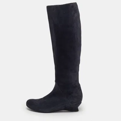 Pre-owned Bottega Veneta Lug Size 39.5 Navy Blue Suede Knee Length Boots