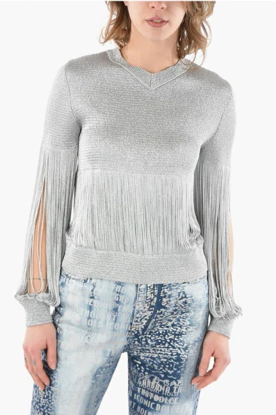 Bottega Veneta Lurex V-neckline Pullover With Elastic Cuffs In Gray