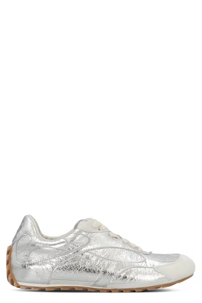 Bottega Veneta Orbit Flash Suede-trimmed Metallic Crinkled-leather Sneakers In Silver