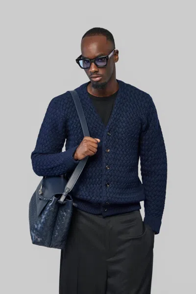 Bottega Veneta Lw Wool Intrecciato Cardigan In Blue