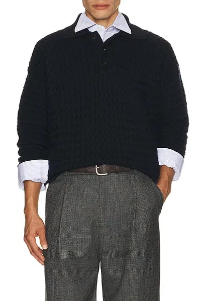 Bottega Veneta Lw Wool Intrecciato Knit Polo Sweater In Blue