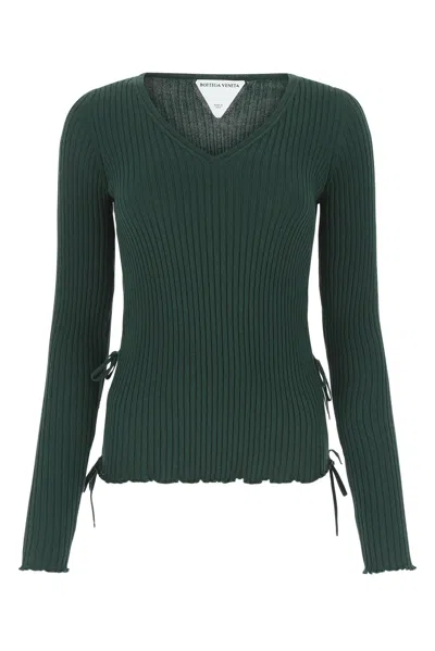 Bottega Veneta Ribbed V-neck With Ruched Sleeves Sweater In Green