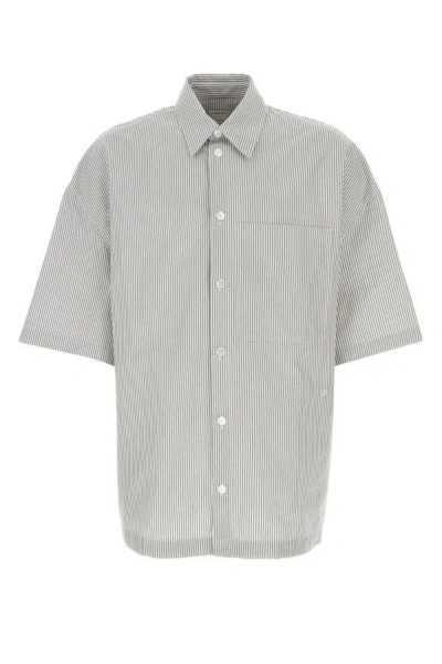 Bottega Veneta Striped Overshirt With Bv Embroidery In Gray