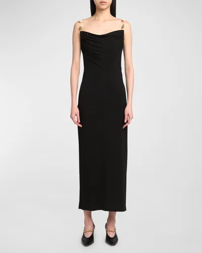 Bottega Veneta Matte Crepe Jersey Midi Dress With Embellished Hardware Straps In Black