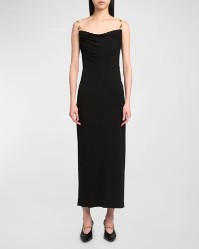 Bottega Veneta Matte Crepe Jersey Midi Dress With Embellished Hardware Straps In Nero