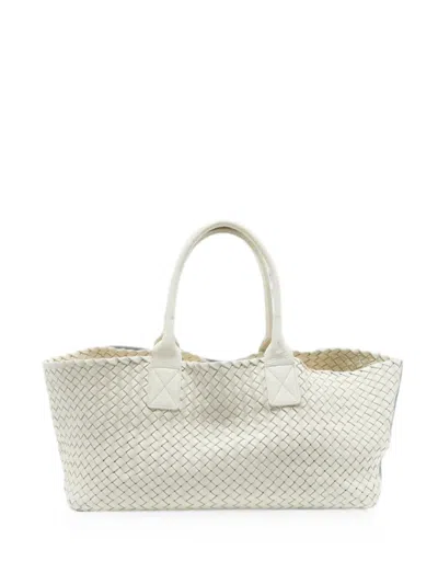 Pre-owned Bottega Veneta Medium Cabat Intrecciato Leather Tote Bag In White
