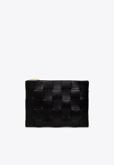 Bottega Veneta Medium Cassette Zip Pouch In Intrecciato Leather In Black