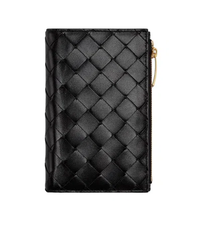 Bottega Veneta Medium Double Fold Braided Zipper Wallet In Black