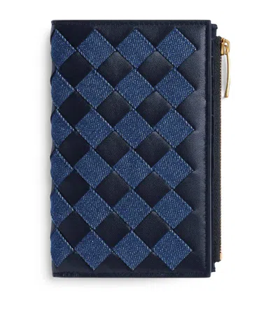Bottega Veneta Medium Leather-denim Intrecciato Bifold Wallet In Blue