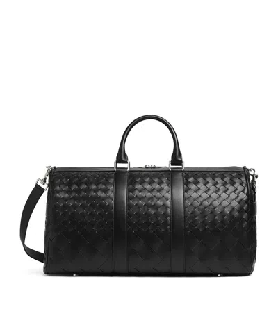 Bottega Veneta Medium Leather Intrecciato Duffle Bag In Black Silver