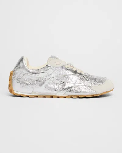 Bottega Veneta Men Silver Laminated Leather Orbit Flash Sneakers In Metallic