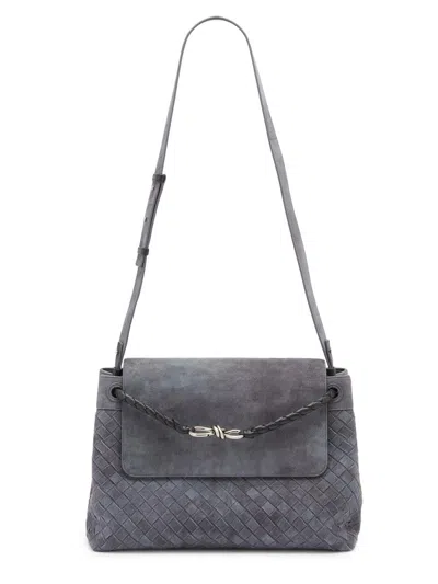 Bottega Veneta Andiamo Messenger Suede Shoulder Bag With Intrecciato Motif In Gray