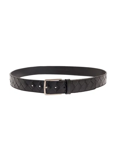 Bottega Veneta Men Black Belt With Silver-colored Buckle In Intreccio Leather Man In Multi