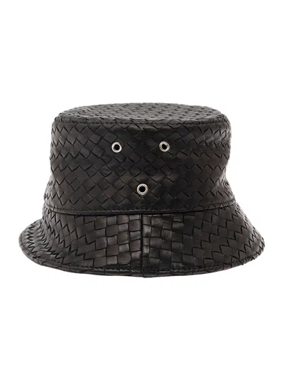 Bottega Veneta Men Black Bucket Hat With Metal Eyelets And Intreccio Motif In Leather Man In Neutral