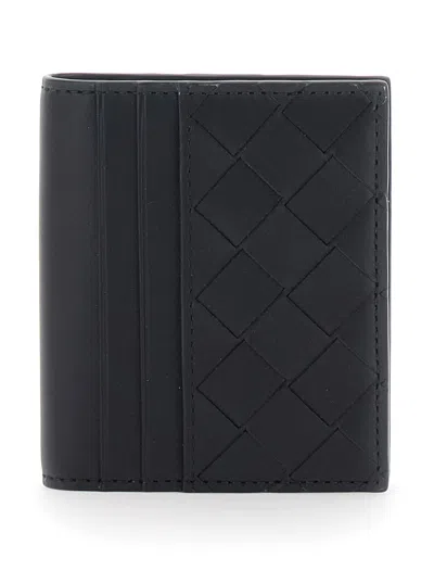 Bottega Veneta Men Black Folded Card Holder With Intrecciato Motif And Embossed Logo Lettering On Th