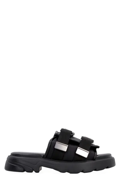 Bottega Veneta Men's Black Technical Fabric Sandal With Leather Trim And Velcro Fastening Strap