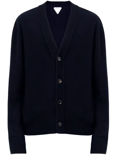 Bottega Veneta Men's Blue Cashmere Cardigan With Leather Patches And Intreccio Motif