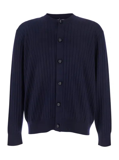Bottega Veneta Men Blue Crewneck Ribbed Knit Cardigan In Wool Man In Multi