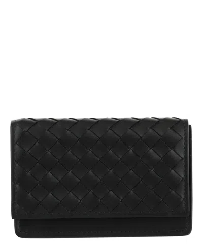Pre-owned Bottega Veneta Men's  Intrecciato Flap Business Card Wallet In Black