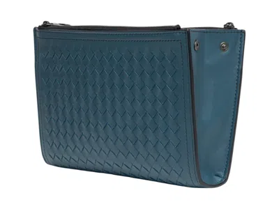 Pre-owned Bottega Veneta Men's  Intrecciato Leather Wristlet Bag In Blue