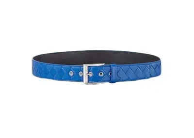 Pre-owned Bottega Veneta Men's  Intrecciato Weave Belt In Blue Silver