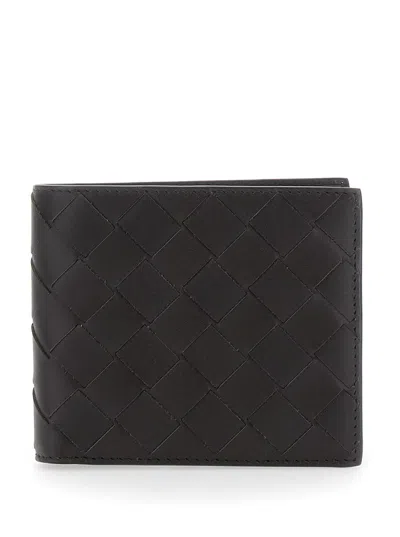 Bottega Veneta Men Brown Bi-fold Wallet With Intrecciato Motif And Embossed Logo On The Inside In Le In Black