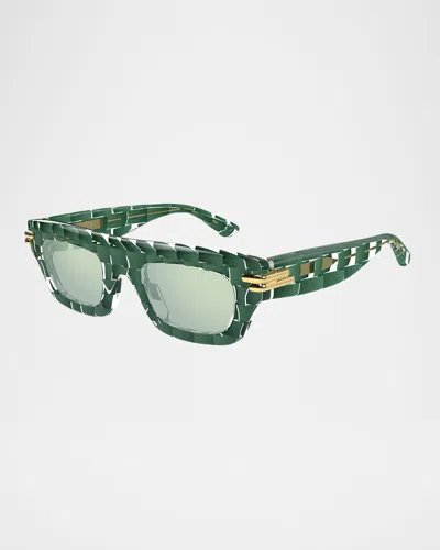 Bottega Veneta Men's Bv1321sm Acetate Rectangle Sunglasses In Solid Dark Green Crystal Pattern