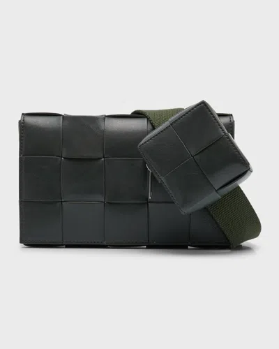 Bottega Veneta Men's Cassette Intreccio Leather Crossbody Bag In Dark Green-silver