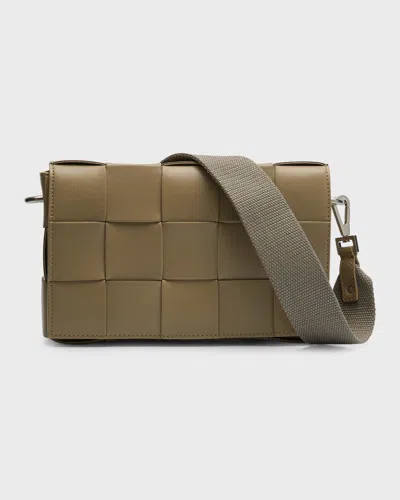 Bottega Veneta Men's Cassette Intreccio Leather Crossbody Bag In Taupe/taupe N-silver