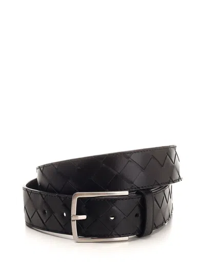 Bottega Veneta Men Classic "intreccio" Belt In Black