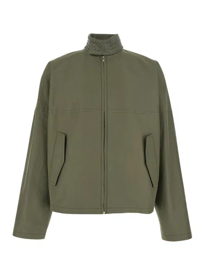 Bottega Veneta Men's Cotton Bomber Jacket With Interlaced Collar Detail In Green