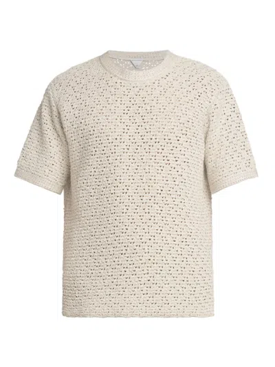 Bottega Veneta Men's Cotton Crochet Knit T-shirt In Bone Cloud