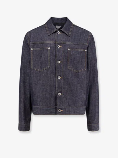 Bottega Veneta Men Denim Jacket With Iconic Intrecciato Patch In Blue
