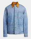 Bottega Veneta Men Blue Jacket With Suede Collar And Logo Patch In Denim Man In Azure