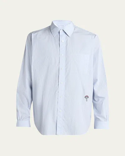 Bottega Veneta Men's Fine Stripe Poplin Shirt With Embroidered Mushroom Patch In Blue