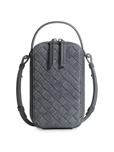 Bottega Veneta Men's Getaway Intrecciato Suede Phone Pouch In Gray