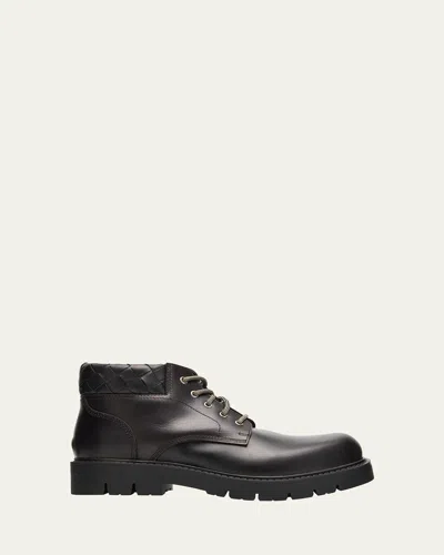 BOTTEGA VENETA MEN'S HADDOCK INTRECCIATO-COLLAR LEATHER LACE-UP BOOTS