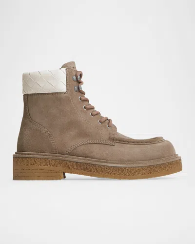 BOTTEGA VENETA MEN'S HADDOCK INTRECCIATO-COLLAR SUEDE LACE-UP BOOTS