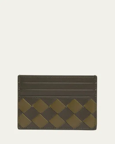 Bottega Veneta Men's Intrecciato 15 Avenue Check Card Case In Khaki