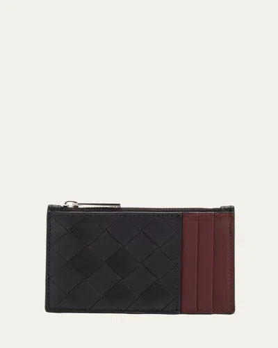 Bottega Veneta Men's Intrecciato Bicolor Leather Zipped Card Holder In Nero/trufl
