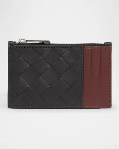Bottega Veneta Men's Intrecciato Bicolor Leather Zipped Card Holder In Nero/trufl