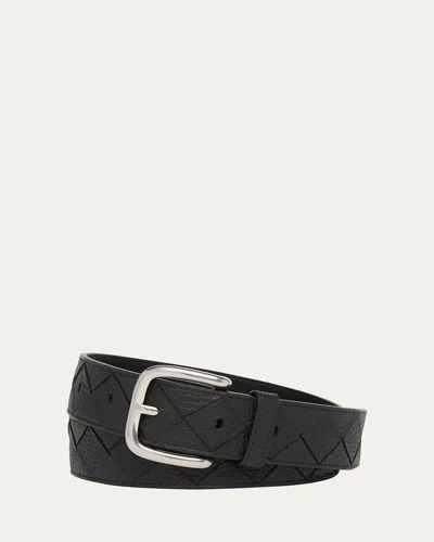 Bottega Veneta Men's Intrecciato Leather Belt In Nero