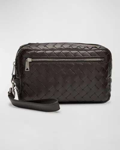 Bottega Veneta Men's Intrecciato Leather Pouch With Wristlet In Silvernat.