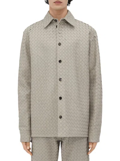 Bottega Veneta Men's Intrecciato Leather Shirt Jacket In Gray