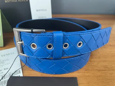 Pre-owned Bottega Veneta Men's Intrecciato Nappa Leather Blue Belt 580673, Made In Italy