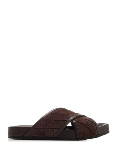Bottega Veneta Tarik Intrecciato Suede Leather Slides In Brown
